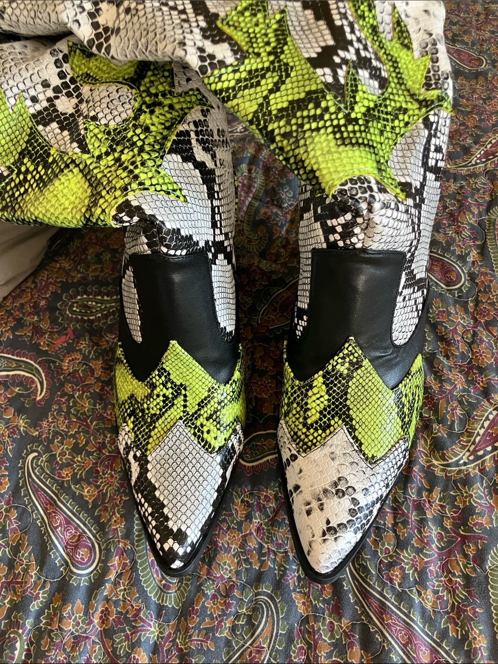 Lime Green Snake-Print Boots